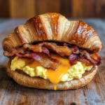 Maple Mustard Croissant Breakfast Sandwich with bacon, cheese, and eggs