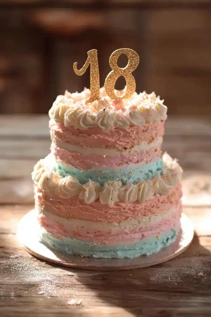 Close-up of an elegant three-tier 18th birthday cake with pastel pink and blue buttercream frosting, piped rosettes, and a gold glitter fondant number 18 topper on a white cake stand