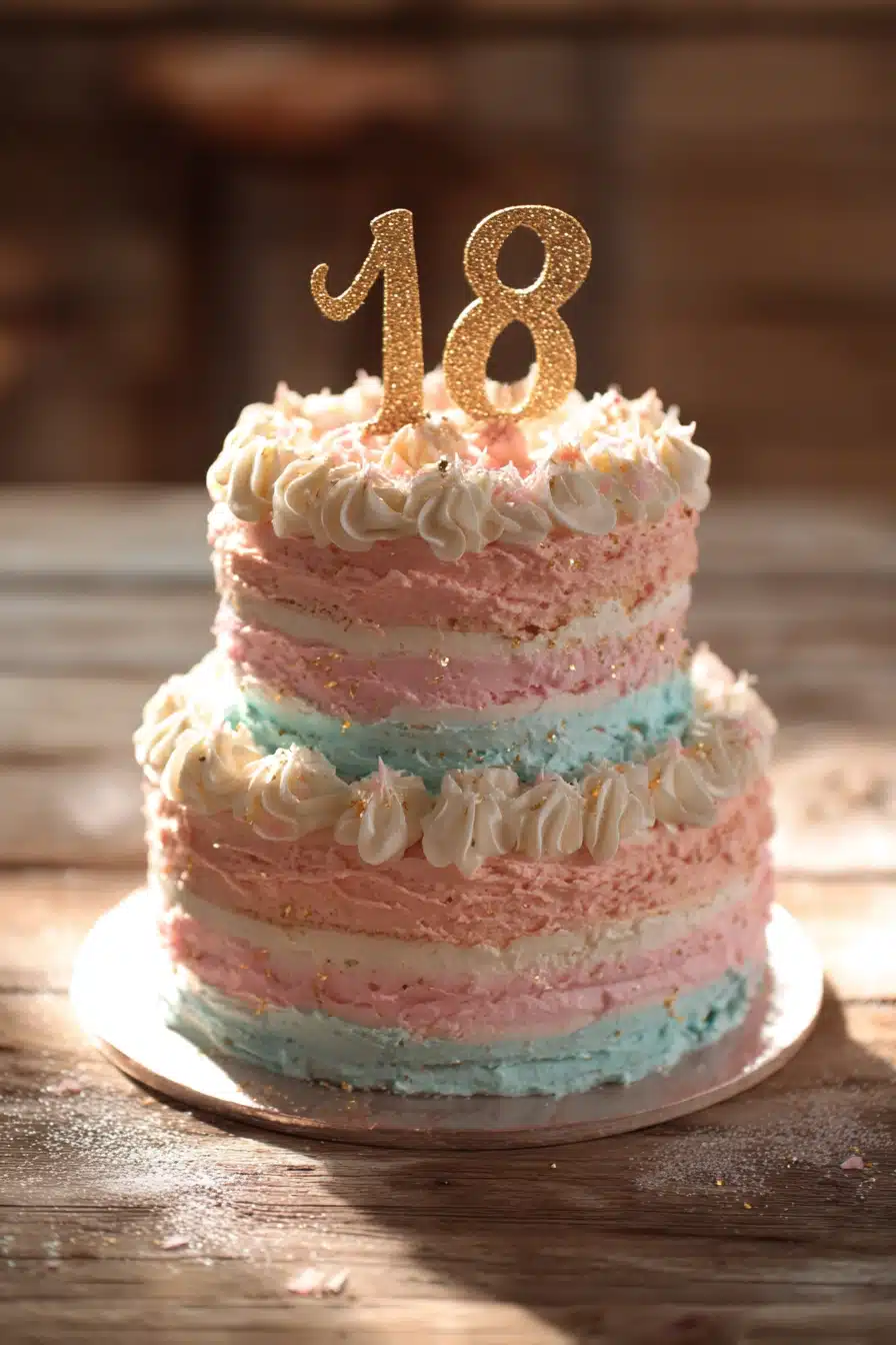 Close-up of an elegant three-tier 18th birthday cake with pastel pink and blue buttercream frosting, piped rosettes, and a gold glitter fondant number 18 topper on a white cake stand