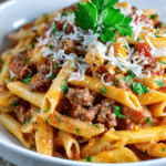 Close-up of creamy beef pasta with penne coated in tomato sauce, chunks of browned ground beef, grated parmesan, and a sprig of parsley in a white bowl on rustic wood