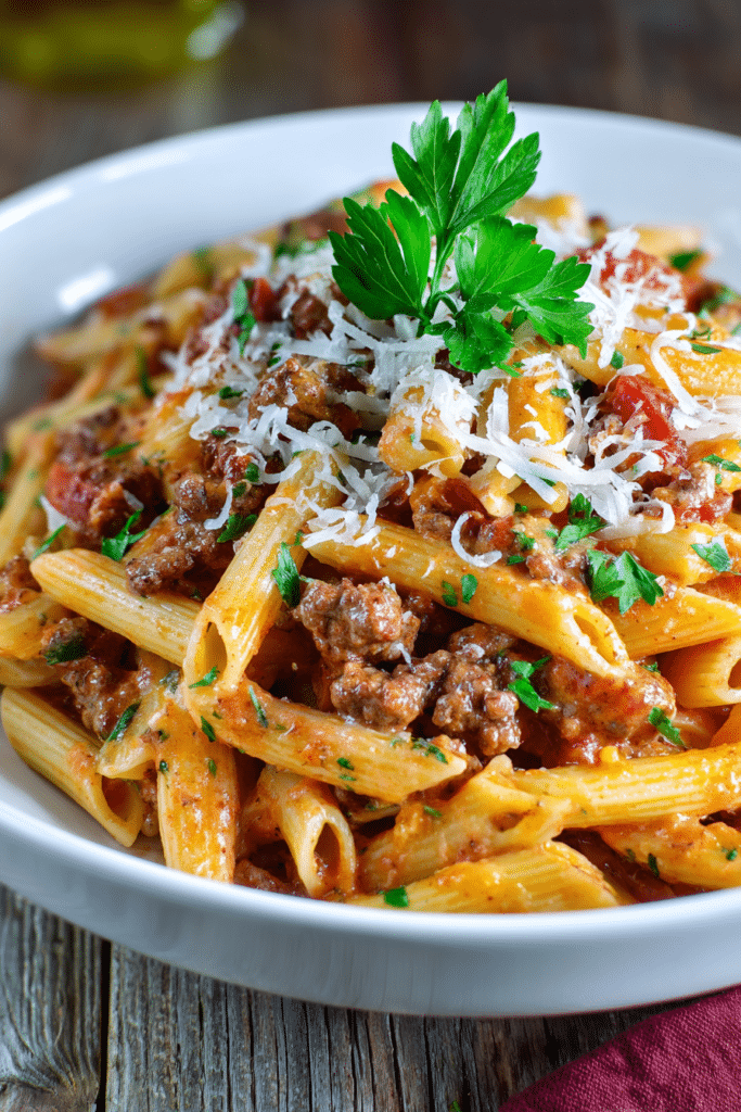Close-up of creamy beef pasta with penne coated in tomato sauce, chunks of browned ground beef, grated parmesan, and a sprig of parsley in a white bowl on rustic wood