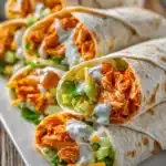 Close-up of 5 minute buffalo chicken wraps cut in halves with shredded chicken in buffalo sauce, lettuce, celery, cheddar cheese, and ranch dressing on flour tortillas on a white rectangular plate