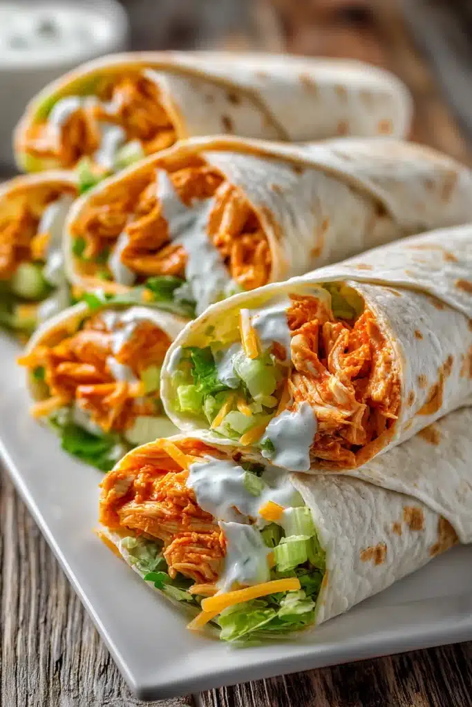 Close-up of 5 minute buffalo chicken wraps cut in halves with shredded chicken in buffalo sauce, lettuce, celery, cheddar cheese, and ranch dressing on flour tortillas on a white rectangular plate