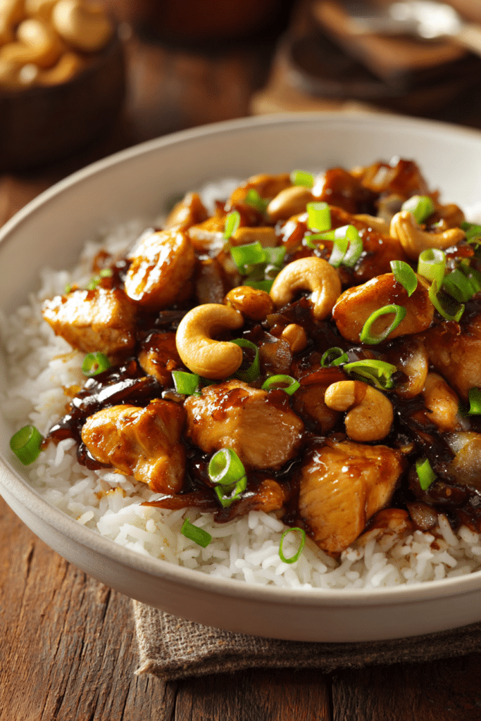 Close-up of Authentic Cashew Chicken stir-fry with golden brown chicken cubes, whole raw cashews, glossy dark soy-based sauce, and bright green sliced onions in a shallow white bowl on a rustic wooden surface