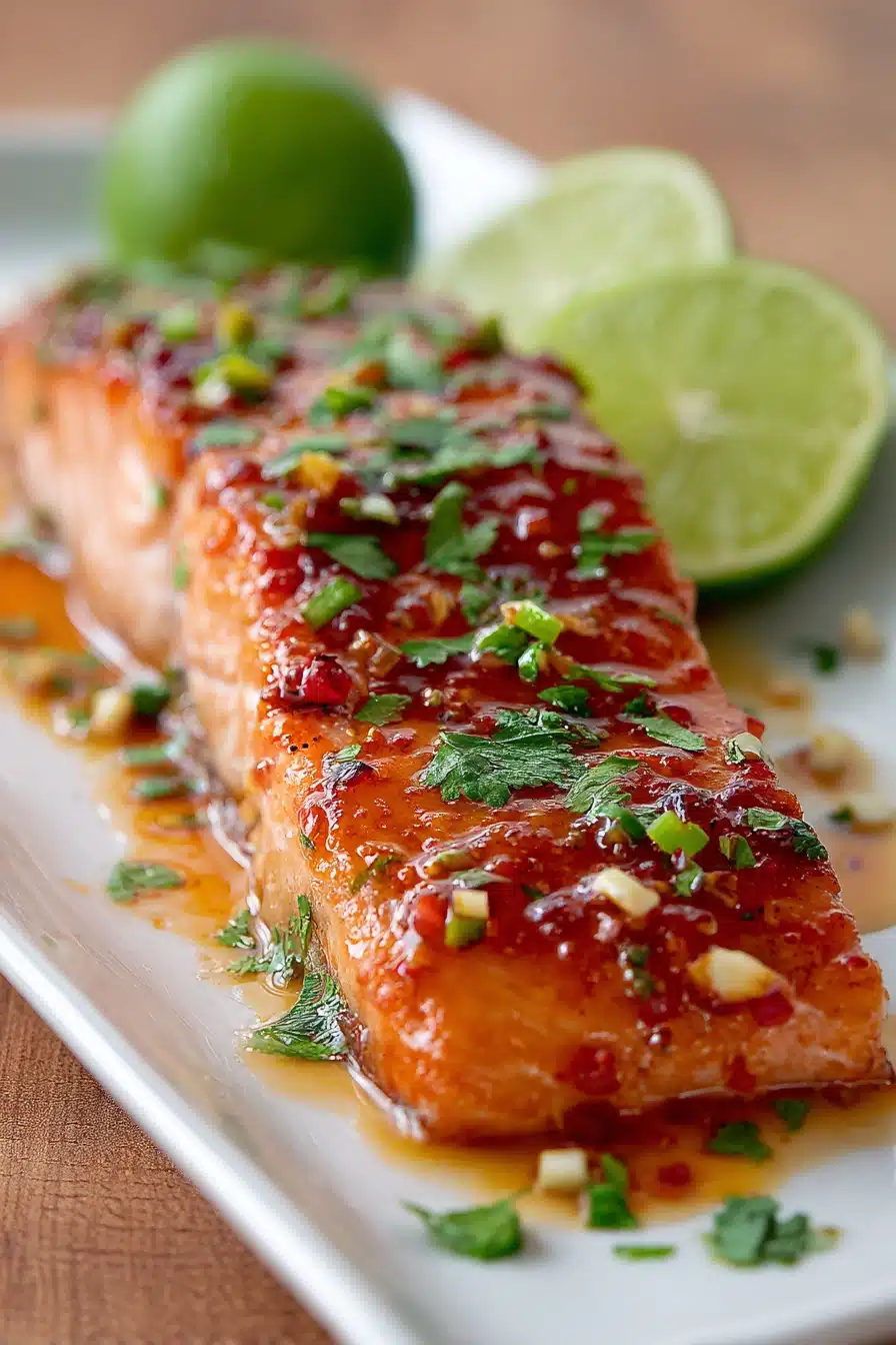 Close-up of baked salmon fillet with sticky sweet chili garlic glaze, garnished with chopped cilantro and lime wedges on a white rectangular plate