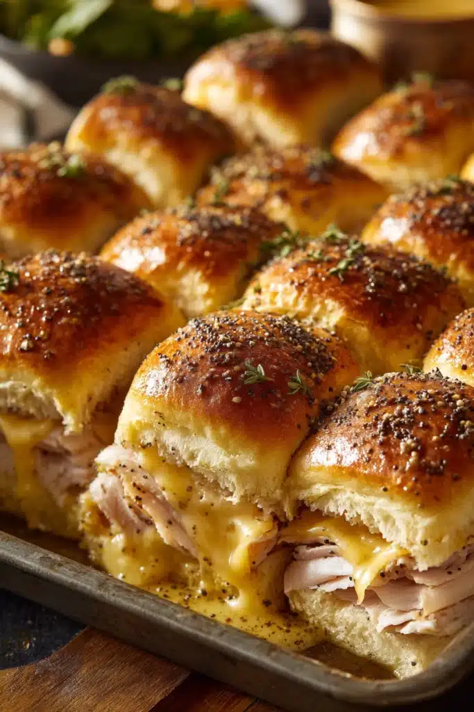 Close-up of baked turkey and cheese sliders in a rectangular dish showing golden brown tops, melted Swiss cheese, soft slider buns, and a buttery Dijon mustard glaze with poppy seeds.