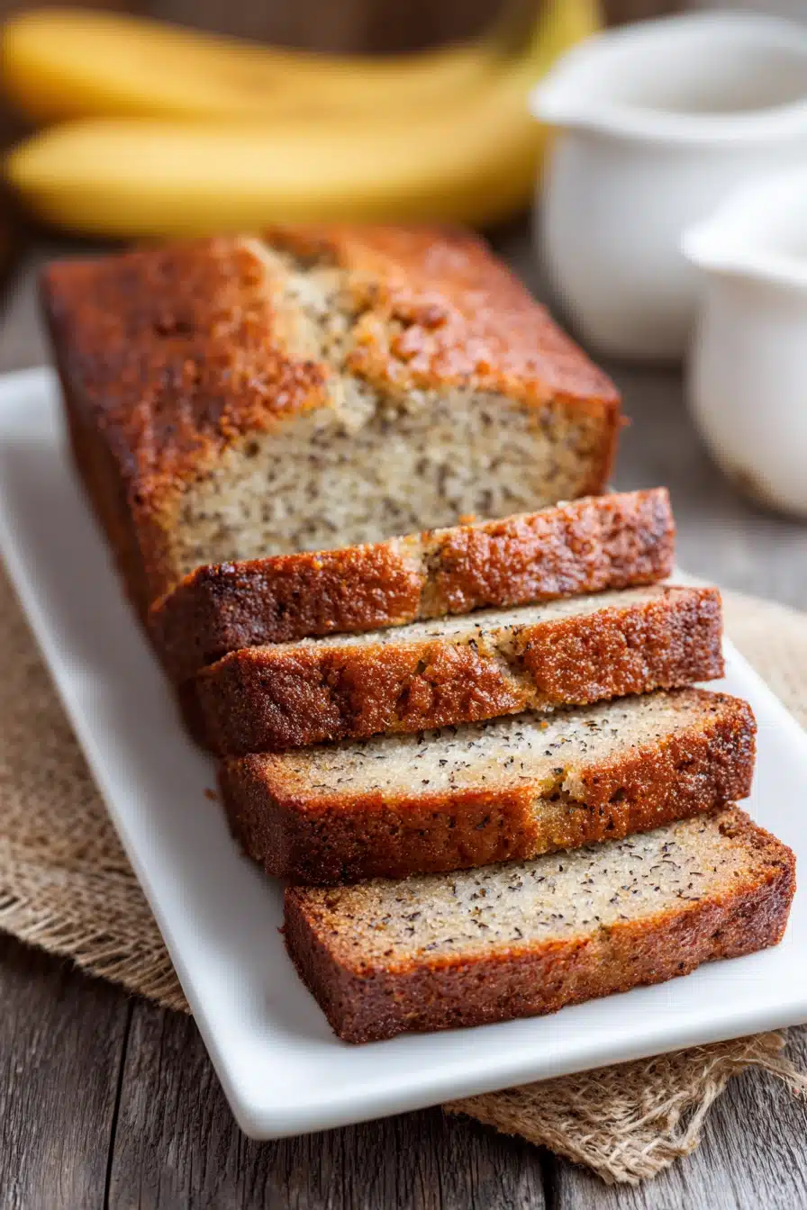Close-up of rustic, golden brown classic banana bread with visible banana specks, sliced and arranged on a white plate, showcasing moist, tender crumb and slightly crisp crust in warm natural light