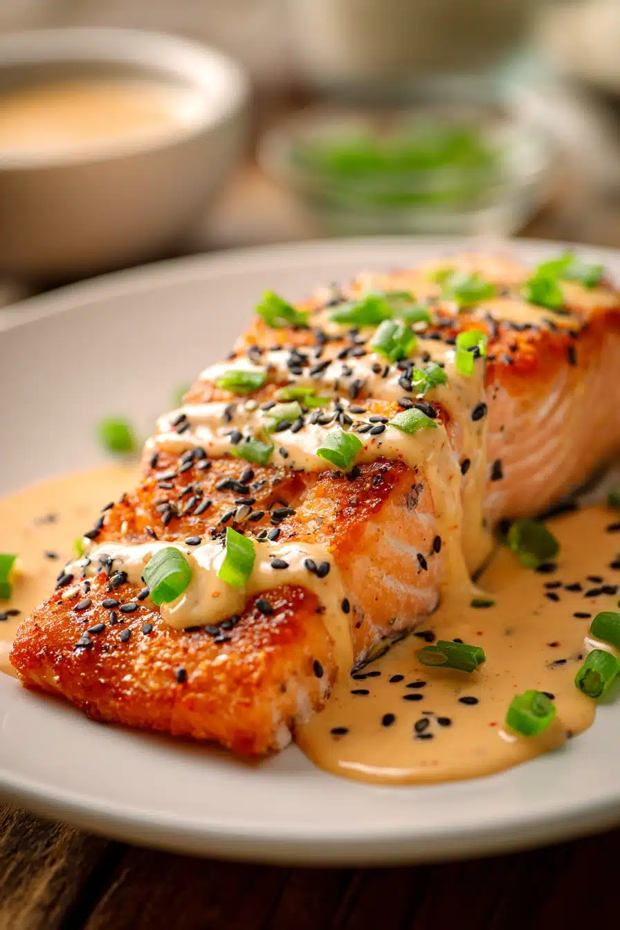 Pan-seared salmon fillet with crispy exterior topped with creamy spicy bang bang sauce, garnished with chopped green onions and black and white sesame seeds on a white plate