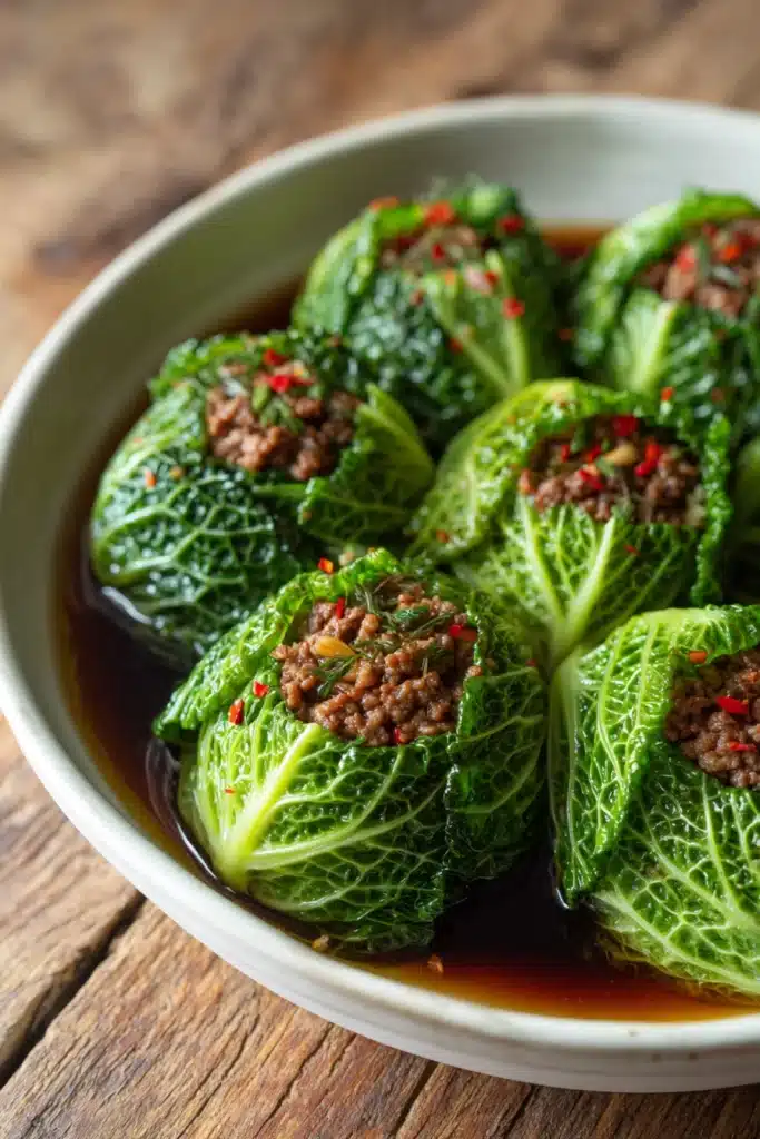 Close-up of pan-fried ground beef with soy sauce and garlic served in bright green cabbage leaves arranged on a white round plate with rustic background