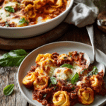 Close-up of creamy beefy tortellini bake with browned mozzarella and parmesan cheese, tender tortellini, ground beef in tomato marinara sauce, served in a white ceramic dish with a portion on a white plate garnished with fresh basil.