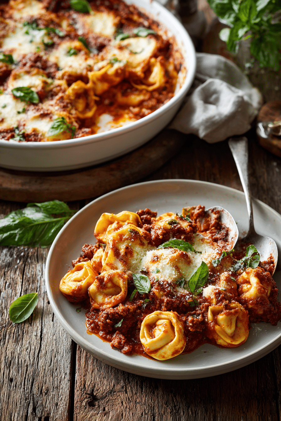 Close-up of creamy beefy tortellini bake with browned mozzarella and parmesan cheese, tender tortellini, ground beef in tomato marinara sauce, served in a white ceramic dish with a portion on a white plate garnished with fresh basil.