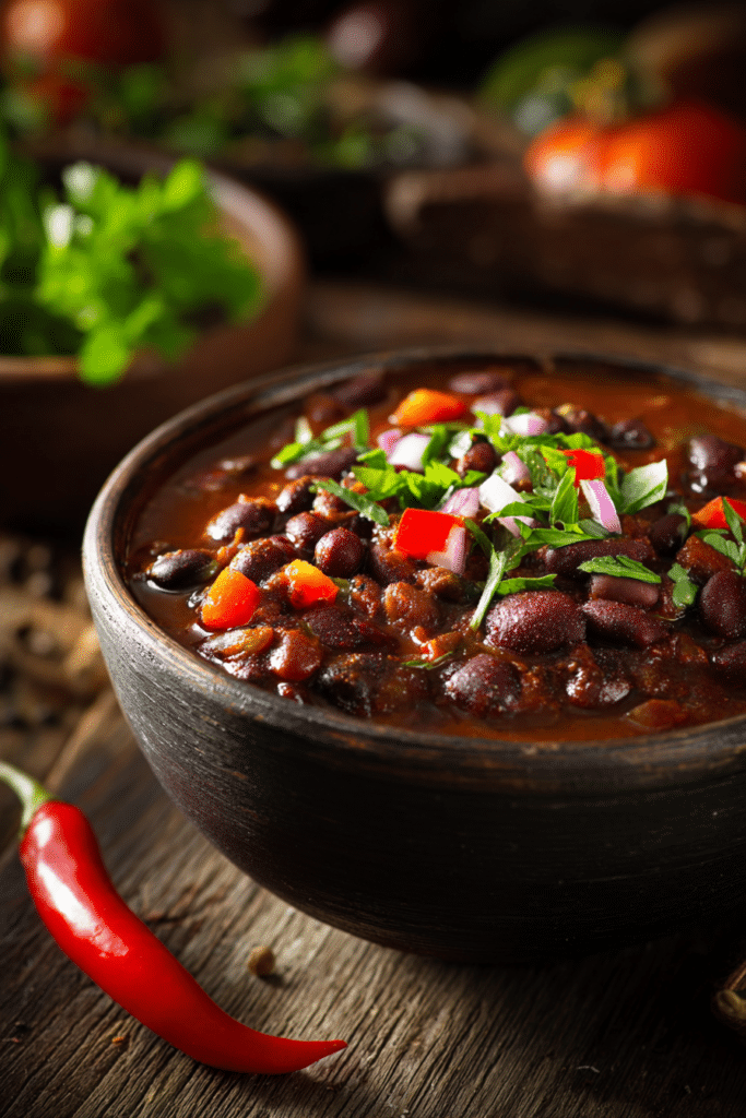 Close-up of a rustic bowl filled with warm black bean chili, garnished with fresh herbs, on a wooden surface with warm natural light.