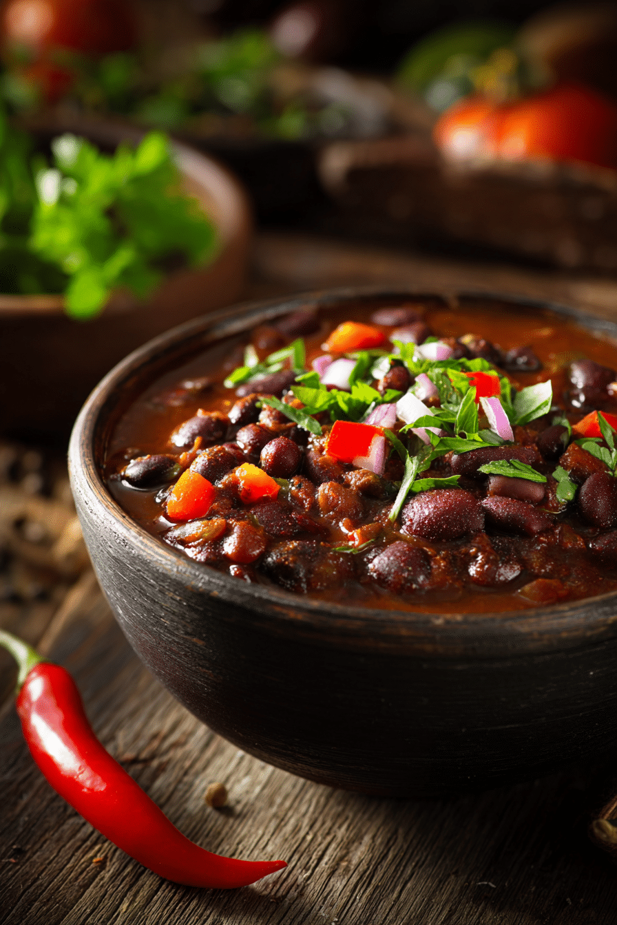 Close-up of a rustic bowl filled with warm black bean chili, garnished with fresh herbs, on a wooden surface with warm natural light.
