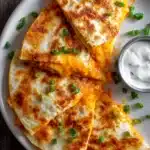 Close-up top-down photo of crispy buffalo chicken quesadillas with melted cheddar and mozzarella cheese, chopped green onions, and a ramekin of ranch dressing on a white plate