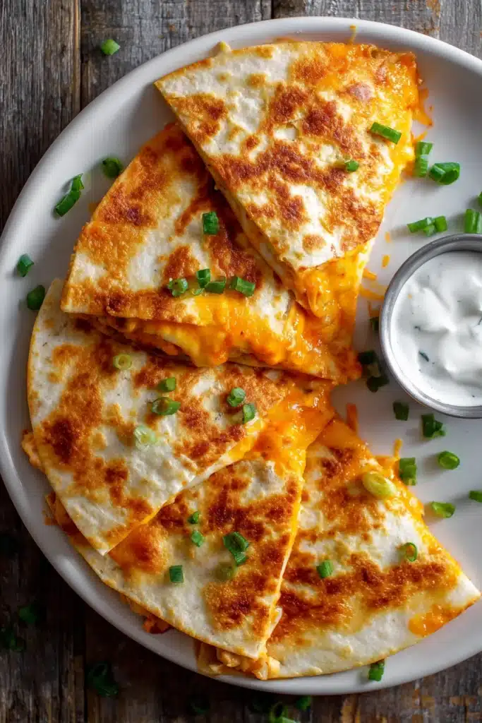 Close-up top-down photo of crispy buffalo chicken quesadillas with melted cheddar and mozzarella cheese, chopped green onions, and a ramekin of ranch dressing on a white plate