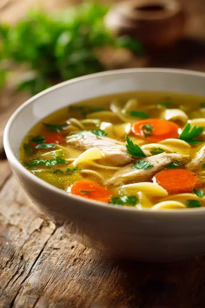 Close-up of classic chicken noodle soup in a white ceramic bowl with golden clear broth, tender chicken breast pieces, soft egg noodles, orange carrots, green celery, and fresh parsley on a rustic wooden surface.
