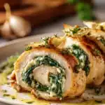 Close-up of golden brown chicken roll ups sliced to show creamy spinach and garlic herb filling, arranged fan-style on white plate with olive oil drizzle