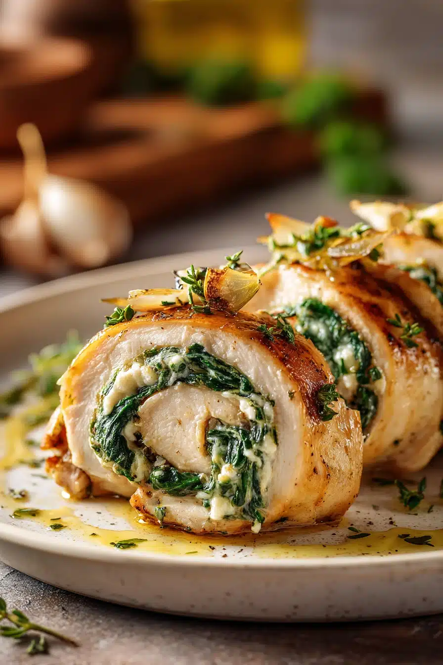 Close-up of golden brown chicken roll ups sliced to show creamy spinach and garlic herb filling, arranged fan-style on white plate with olive oil drizzle