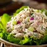 Close-up of a classic chicken salad made with shredded boiled chicken breast, creamy mayonnaise dressing with lemon juice and Dijon mustard, crunchy celery, red onion, and black pepper, served on green lettuce leaves in a shallow bowl.