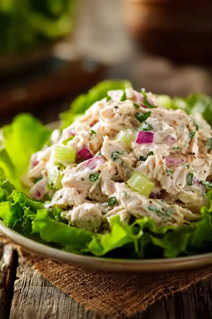 Close-up of a classic chicken salad made with shredded boiled chicken breast, creamy mayonnaise dressing with lemon juice and Dijon mustard, crunchy celery, red onion, and black pepper, served on green lettuce leaves in a shallow bowl.
