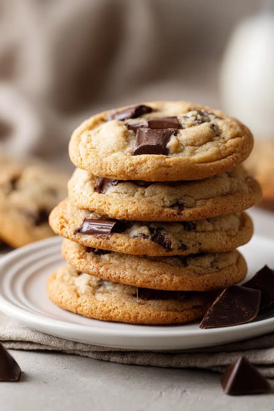 Close-up of soft and chewy classic chocolate chip cookies stacked on a white ceramic plate, showing melted semi-sweet chocolate chips and golden brown edges under warm natural light