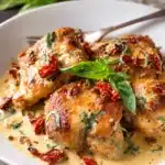 Close-up of pan-seared chicken thighs in creamy sun-dried tomato and garlic sauce on a white shallow plate, garnished with fresh basil, rustic wooden background