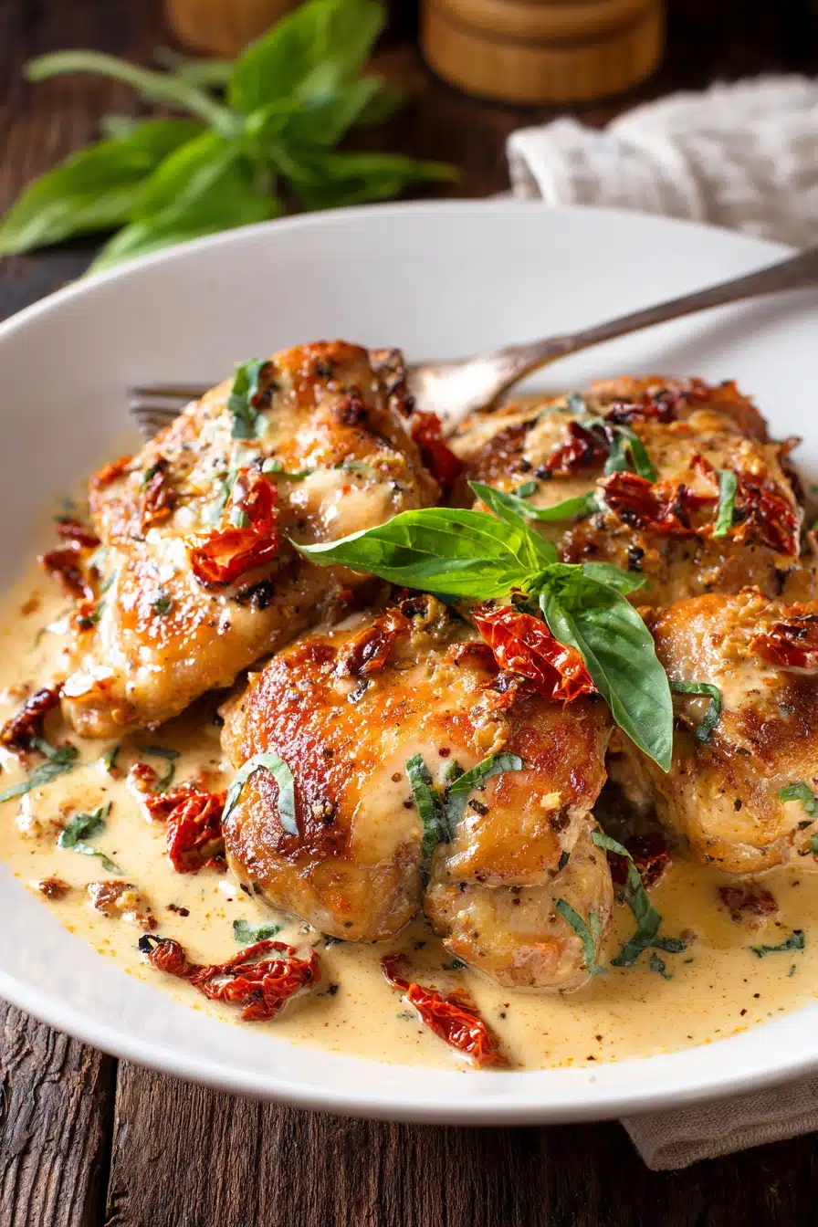 Close-up of pan-seared chicken thighs in creamy sun-dried tomato and garlic sauce on a white shallow plate, garnished with fresh basil, rustic wooden background