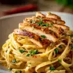 Close-up of tender sautéed chicken breast sliced and fanned atop creamy linguine coated in cowboy butter sauce garnished with chopped parsley on a rustic wooden surface