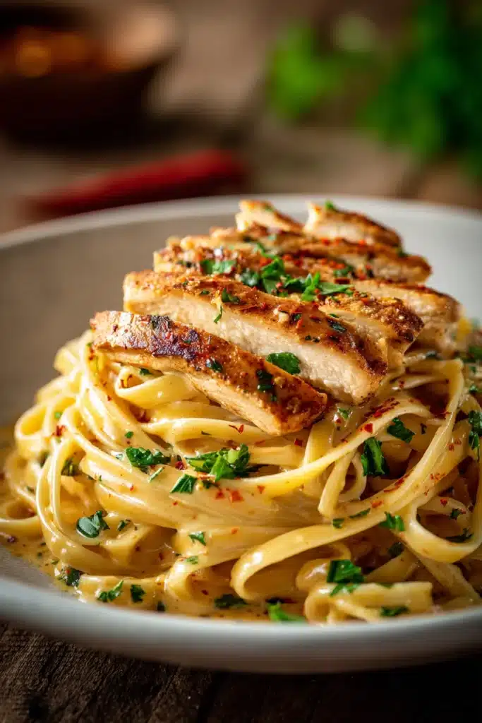 Close-up of tender sautéed chicken breast sliced and fanned atop creamy linguine coated in cowboy butter sauce garnished with chopped parsley on a rustic wooden surface