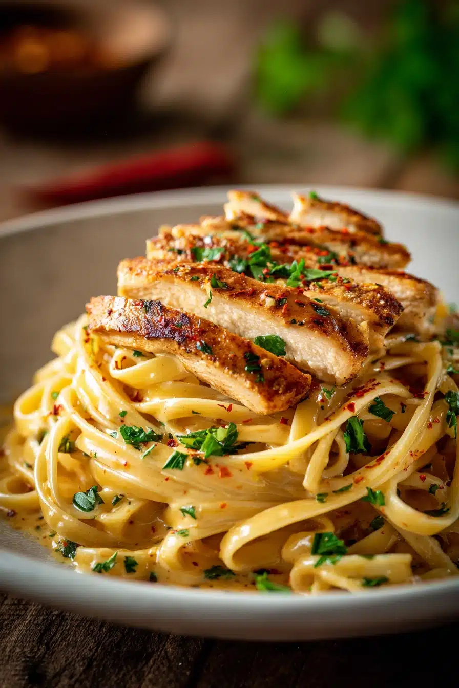 Close-up of tender sautéed chicken breast sliced and fanned atop creamy linguine coated in cowboy butter sauce garnished with chopped parsley on a rustic wooden surface