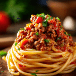 Close-up of Cowboy Spaghetti with tender spaghetti twirled into a mound topped with chunky ground beef, diced tomatoes, green bell peppers, and garlic in a rich tomato-based sauce, garnished with chopped parsley on a rustic wooden surface.