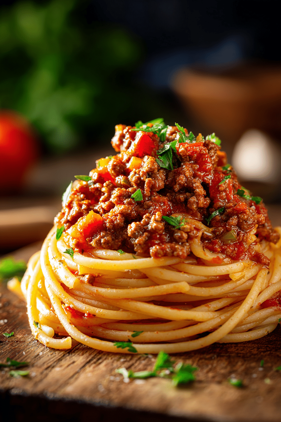 Close-up of Cowboy Spaghetti with tender spaghetti twirled into a mound topped with chunky ground beef, diced tomatoes, green bell peppers, and garlic in a rich tomato-based sauce, garnished with chopped parsley on a rustic wooden surface.