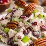 Creamy cranberry pecan chicken salad with diced chicken, dried cranberries, chopped pecans, celery, and green onions on a white plate, showcasing fresh and colorful ingredients.
