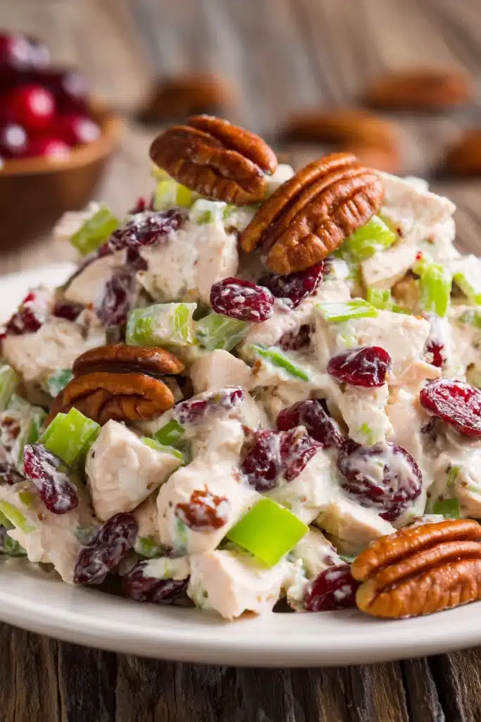 Creamy cranberry pecan chicken salad with diced chicken, dried cranberries, chopped pecans, celery, and green onions on a white plate, showcasing fresh and colorful ingredients.