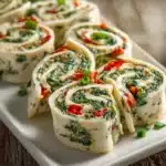 Close-up of cream cheese roll-ups sliced into pinwheel rounds showing chopped spinach, green onions, and red bell pepper inside soft flour tortillas on a white rectangular platter