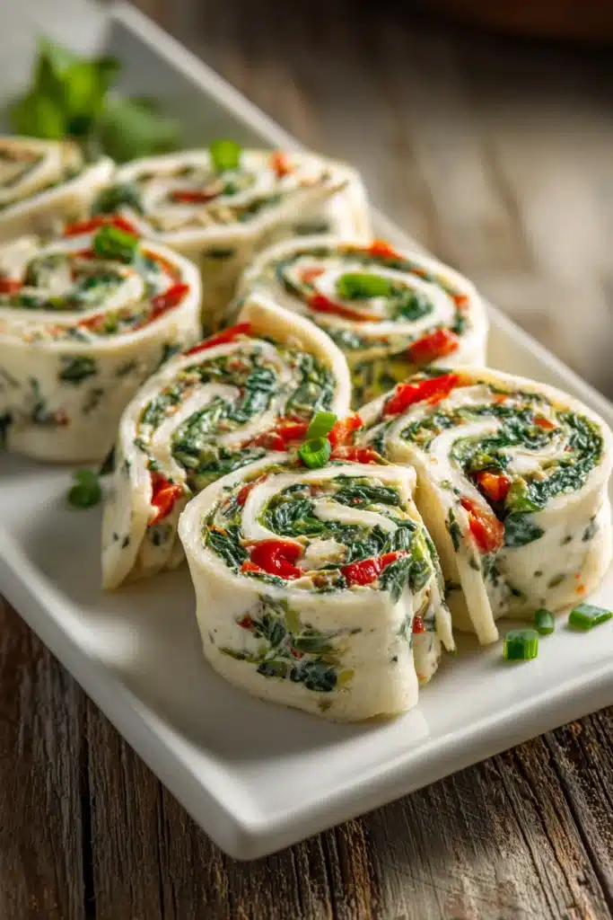 Close-up of cream cheese roll-ups sliced into pinwheel rounds showing chopped spinach, green onions, and red bell pepper inside soft flour tortillas on a white rectangular platter