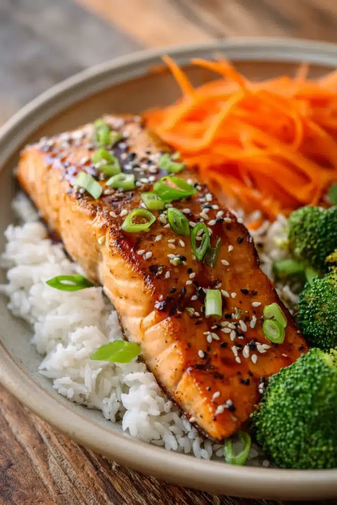 Close-up of pan-seared salmon fillet with crispy golden brown skin on white jasmine rice, garnished with green onions and sesame seeds, alongside steamed broccoli and carrot ribbons with soy-ginger glaze drizzle