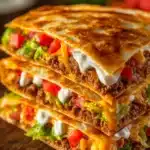 Close-up of a folded hexagonal Crunchwrap Supreme on a rustic plate showing golden brown tortilla with visible layers of seasoned ground beef, crispy tostada shell, diced tomatoes, shredded lettuce, cheddar cheese, sour cream, and nacho cheese sauce