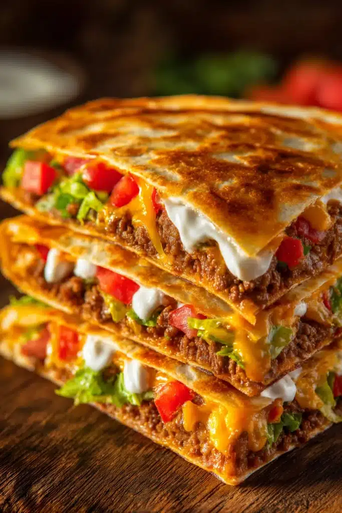 Close-up of a folded hexagonal Crunchwrap Supreme on a rustic plate showing golden brown tortilla with visible layers of seasoned ground beef, crispy tostada shell, diced tomatoes, shredded lettuce, cheddar cheese, sour cream, and nacho cheese sauce