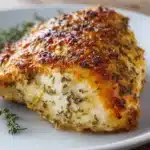 Close-up of a single juicy baked chicken breast with a crispy golden crust and ranch seasoning specks on a white round plate with hints of green dried herbs.