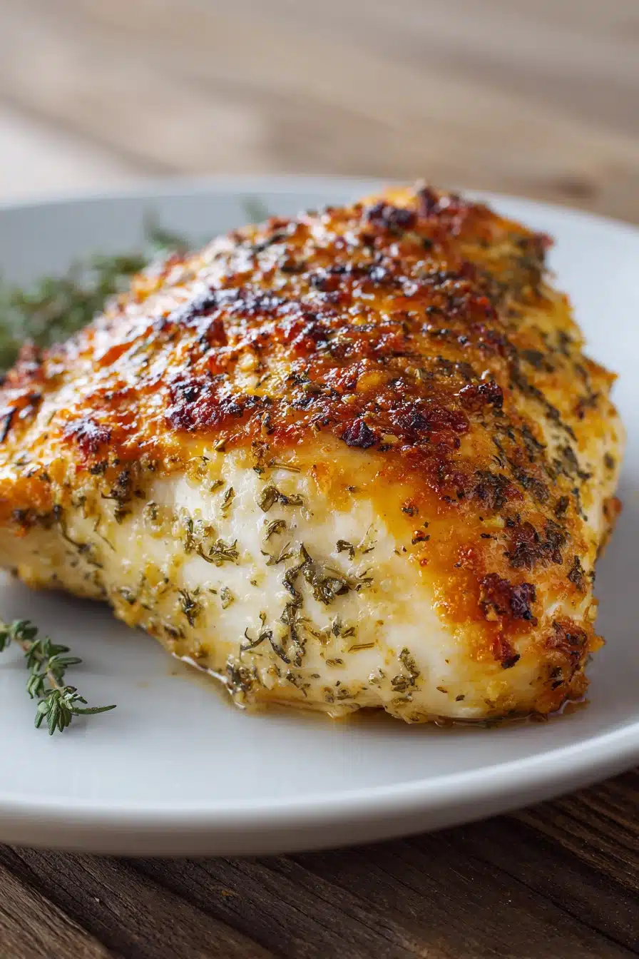 Close-up of a single juicy baked chicken breast with a crispy golden crust and ranch seasoning specks on a white round plate with hints of green dried herbs.