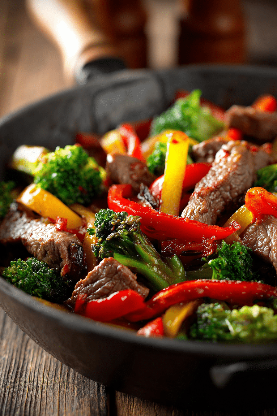 Close-up of an easy beef stir fry with tender beef slices and colorful vegetables on rustic wooden surface under warm natural light