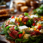 Close-up of a festive Christmas appetizer wreath with fresh vegetables and cheeses on a rustic wooden table in warm natural light