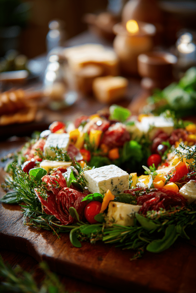 Close-up of a festive Christmas appetizer wreath with fresh vegetables and cheeses on a rustic wooden table in warm natural light