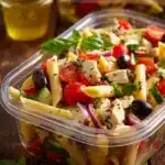 Close-up of colorful Easy Chicken and Vegetable Pasta Salad with penne, grilled chicken, cherry tomatoes, cucumber, red bell pepper, red onion, black olives, and fresh basil in a clear container with a small side container of Italian vinaigrette dressing