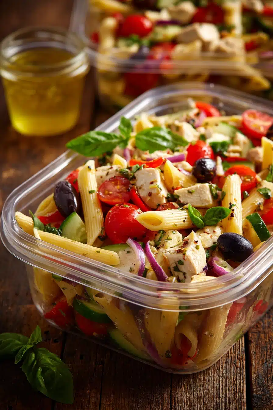 Close-up of colorful Easy Chicken and Vegetable Pasta Salad with penne, grilled chicken, cherry tomatoes, cucumber, red bell pepper, red onion, black olives, and fresh basil in a clear container with a small side container of Italian vinaigrette dressing