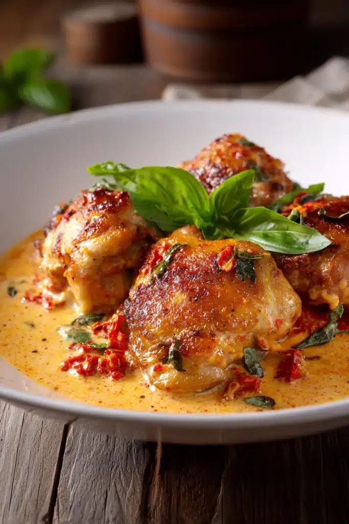 Close-up of pan-seared chicken thighs on a white plate, generously covered with creamy sun-dried tomato sauce, garnished with fresh basil leaves on a rustic wooden surface