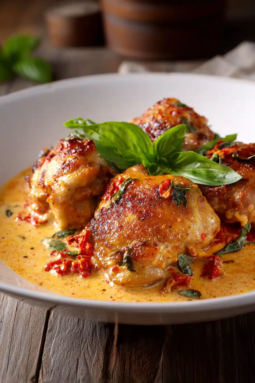Close-up of pan-seared chicken thighs on a white plate, generously covered with creamy sun-dried tomato sauce, garnished with fresh basil leaves on a rustic wooden surface