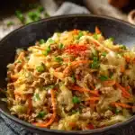 Close-up of egg roll in a bowl with sautéed ground pork, shredded cabbage, grated carrot, green onions, and red pepper flakes in a rustic shallow bowl on wooden surface