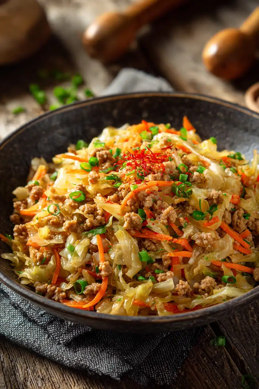 Close-up of egg roll in a bowl with sautéed ground pork, shredded cabbage, grated carrot, green onions, and red pepper flakes in a rustic shallow bowl on wooden surface